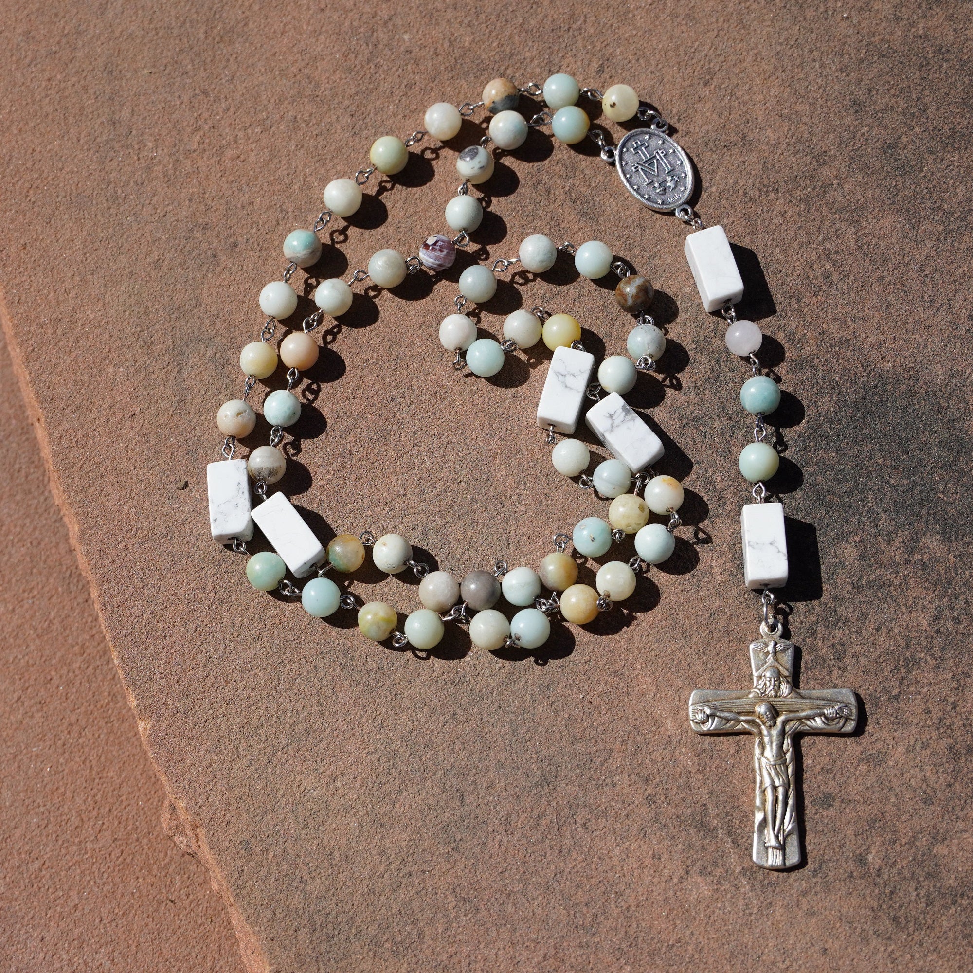 The Travelers Mist Rosary: A blended 15-inch-long quartz, amazonite, and labradorite cottage style rosary on a rope deals style chain