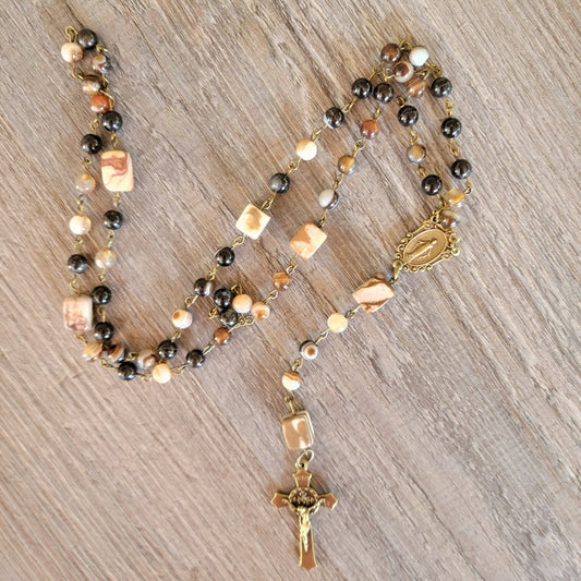 Banded agate / Bronze 6 mm rosary